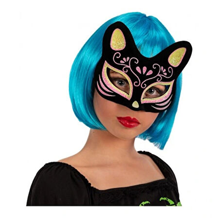 Dodes Siyah Süet Sarı Pembe Simli Kedi Maskesi