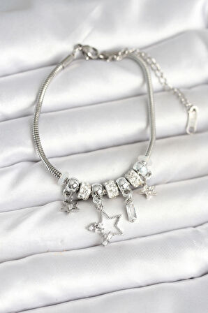 Dodes Pirinç Gümüş Renk Yıldız Charmlı Kadın Bileklik TG27BB7994