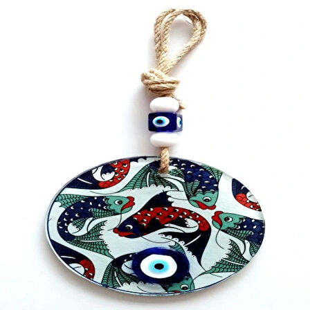 Dodes Balık Desenli Nazar Boncuklu Füzyon Cam Duvar Dekoru