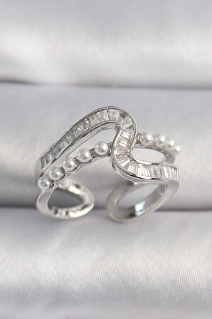 Dodes Dodes Pirinç Gümüş Renk Zirkon Taşlı İnci Detay VIP Seri Kadın Yüzük TG27BYK3519