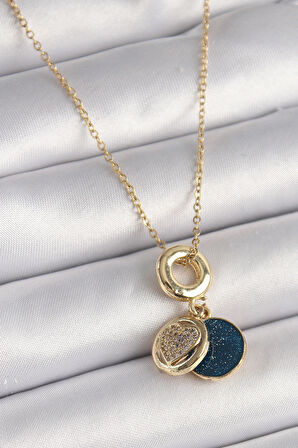 Dodes Dodes 316L Çelik Gold Renk Zincir Zirkon Taşlı Kalp Model Mavi Simli Kadın Kolye TG27BKO9640