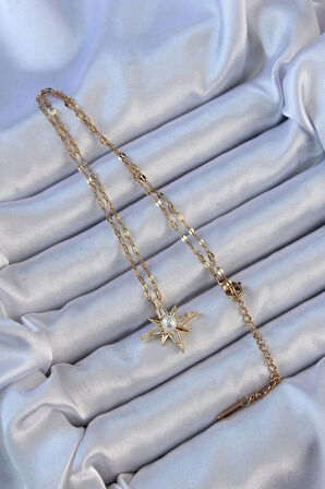 Dodes Dodes 316L Çelik Zincir Altın Renk Baget Taşlı İnci Detay Kutup Yıldızı Kolye TG27BKO9119