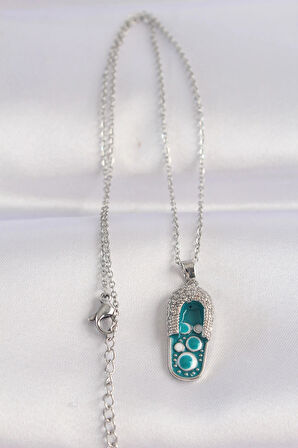 Dodes Dodes 316L Çelik Zincir Zirkon Taşlı Gümüş Renk Nazarlı Terlik Tasarımlı Kolye TG27BKO8665