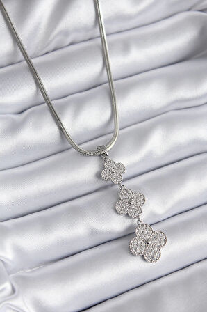 Dodes 316L Çelik Gümüş Renk İtalyan Zincir Zirkon Taşı Yonca Model Kadın Kolye TG27BKO8152