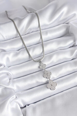 Dodes 316L Çelik Gümüş Renk İtalyan Zincir Zirkon Taşı Yonca Model Kadın Kolye TG27BKO8152