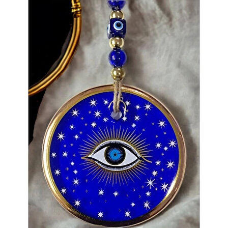 Dodes Yaldızlı Mavi Renk Yıldız Motifli Gözlü Duvar Süsü Cam Duvar Dekoru