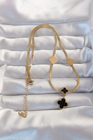 Dodes 316L Çelik Gold Renk İtalyan Zincirli Mineli Yonca Kolye TG27BKO8969