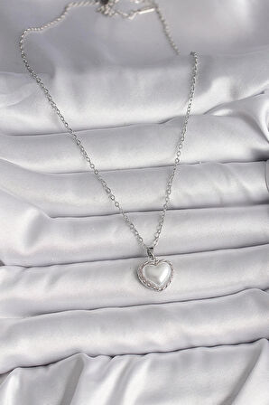 Dodes 316L Çelik Gümüş Renk Zincir 3D İnci Kalp Model Kadın Kolye TG27BKO9712