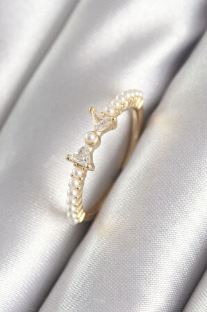 Dodes Pirinç Gold Renk Zirkon Taşlı Kurdele İnci Detay Kadın Yüzük TG27BYK3059