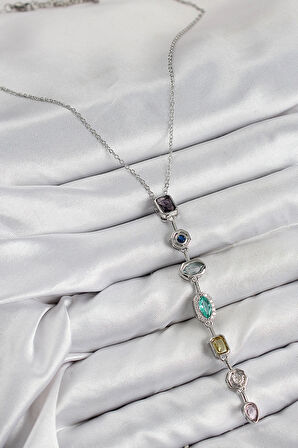 Dodes Dodes Pirinç Renkli Zirkon Taşlı Model Gümüş Renk 7 Element Kadın Y Kolye TG27BKO10440