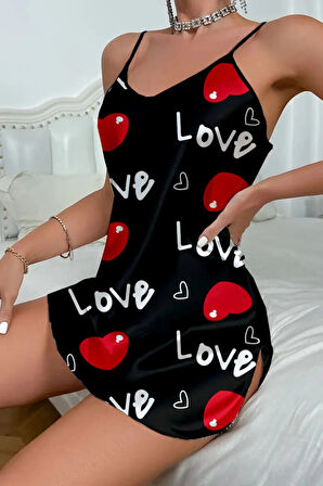 Dodes Love Desenli Siyah Saten Gecelik