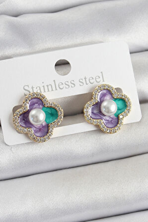 Dodes Dodes Pirinç Mor Mineli İnci Detaylı Zirkon Taşlı Sanatsal Portre Yonca Model Gold Renk Kadın Küpe TG27BKP10680