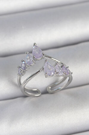 Dodes Dodes Pirinç Gümüş Renk Mor Damla Zirkon Taşlı Taç Model Kadın Yüzük TG27BYK3714