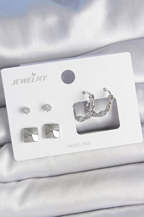 Dodes Dodes Pirinç Gümüş Renk Zirkon Taşlı Burgu Halka Model Kare Detay 3 Çift Kadın Küpe Seti TG27BKP10605