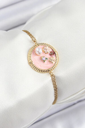 Dodes Dodes 316L Çelik Zincir Pembe Mineli Sanatsal Portre İnci Detaylı Çiçek Model Gold Renk Kadın Bileklik TG27BB7229