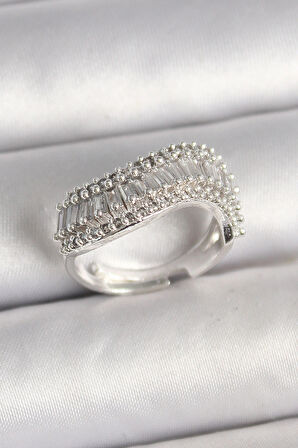 Dodes Dodes Pirinç Gümüş Renk Su Yolu Zirkon Dalga Model Ayarlanabilir Kadın Yüzük TG27BYK3692