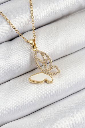 Dodes Dodes 316L Çelik Zirkon Taşlı Kelebek Model Gold Renk Kadın Kolye TG27BKO10405