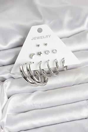 Dodes Dodes Pirinç Gümüş Renk Halka Modelli 6 Çift Kadın Küpe TG27BKP11335