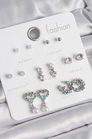 Dodes Dodes Pirinç Gümüş Renk Zirkon Taşlı Sallantılı Kalp Model Çiçek Detay 7 Çift Kadın Küpe Seti TG27BKP10546