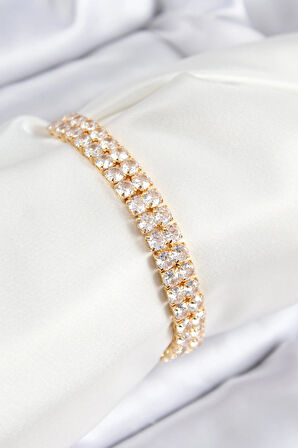 Dodes Dodes Pirinç Zirkon Taşlı Çift Sıra Kare Model Gold Renk Asansörlü Kadın Bileklik TG27BB7731