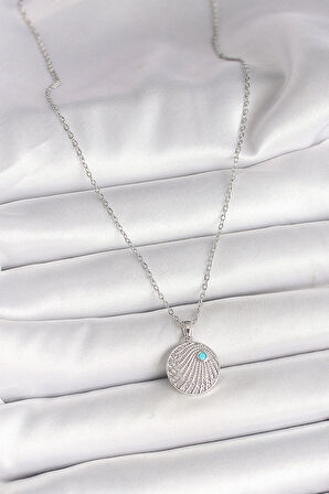 Dodes Dodes 316L Çelik Gümüş Renk Zincir Zirkon Taşlı Mavi Taş Detaylı Madalyon Model Kadın Kolye TG27BKO9965