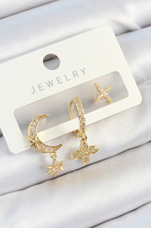 Dodes Dodes Pirinç Zirkon Taşlı Çiçek Ve Ay Model Gold Renk 3'lü Çift Kadın Küpe Set TG27BKP10827