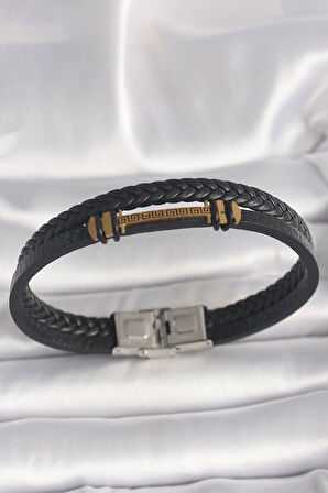 Dodes Dodes 316L Çelik Gold Renk ZikZak İşlemeli Aksesuarlı Çift Sıra Burgu Desenli Deri Kordon Erkek Bileklik TG27EB3705