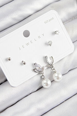 Dodes Dodes Pirinç Zirkon Taşlı İnci Sallantılı Damla Model Gümüş Renk 925 Ayar Gümüş Çivi Kadın Küpe Set TG27BKP11183