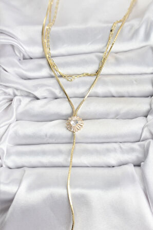 Dodes Dodes Pirinç Gold Renk Zirkon Taşlı Papatya Model Detaylı 3'lü Kombin Y Kadın Kolye TG27BKO10696