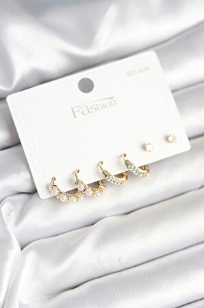 Dodes Dodes Pirinç Gold Renk Zirkon Taşlı ve İncili Model 925 Ayar Gümüş Çivi Kadın Küpe Seti TG27BKP11277