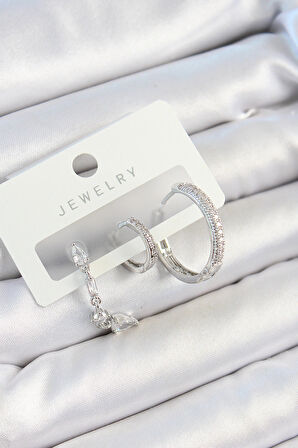 Dodes Dodes Pirinç Zirkon Taşlı Sallantılı Model Gümüş Renk 3'lü Çift Kadın Küpe Set TG27BKP10789