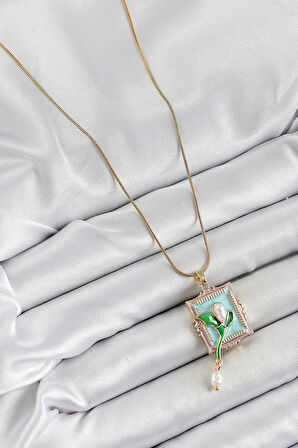 Dodes Dodes 316L Çelik Zincir Turkuaz Sanatsal Portre Sallantılı İnci Detaylı Lale Model Gold Renk Kadın Kolye TG27BKO10280