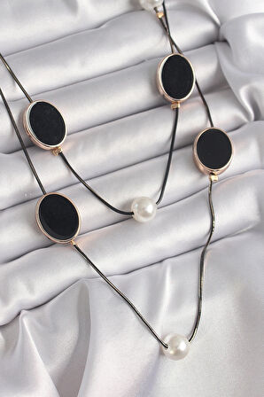 Dodes Dodes Pirinç Siyah Renk Zincir İnci Detaylı Çoklu Kadın Kolye TG27BKO9621