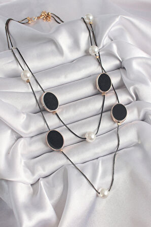 Dodes Dodes Pirinç Siyah Renk Zincir İnci Detaylı Çoklu Kadın Kolye TG27BKO9621