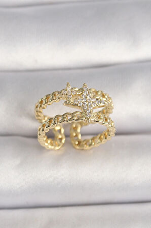 Dodes Dodes Pirinç Gold Renk 2'Li Zincir Zirkon Taşlı Yıldız Figür Kadın Yüzük TG27BYK3594