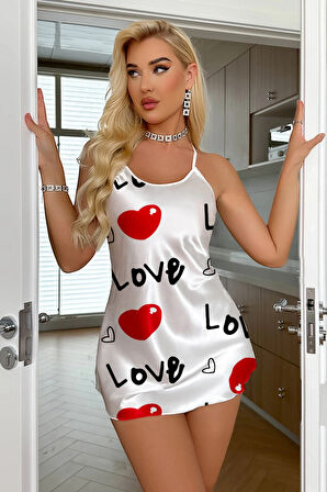 Dodes Love Desenli Beyaz Saten Gecelik