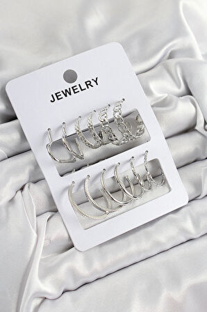 Dodes Dodes Pirinç Karışık Halka Model Gümüş Renk 6 Çift Kadın Küpe Set TG27BKP10877