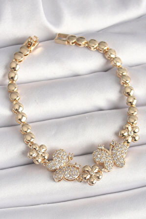 Dodes Dodes Pirinç Gold Renk Zirkon Taşlı Kelebek Figür Çiçek Zincir Model Kadın Bileklik TG27BB6826