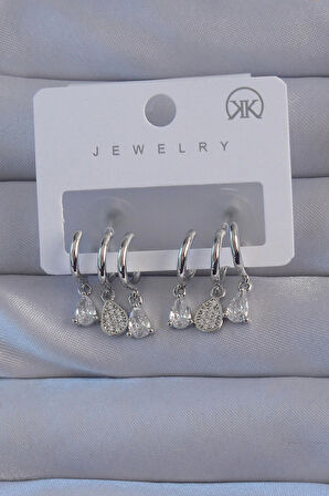 Dodes Dodes Pirinç Gümüş Renk Zirkon Taşlı Damla Model Çoklu Görünüm Yarım Halka Küpe TG27BKP9141