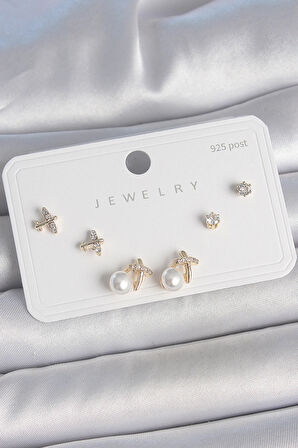 Dodes Dodes Pirinç Gold Renk Zirkon Taşlı Kelebek Model İnci Detay 925 Ayar Gümüş Çivi Kadın Küpe Seti TG27BKP10478