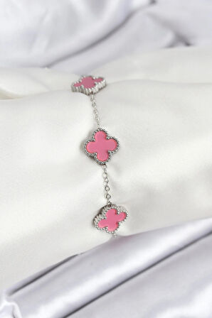 Dodes Dodes 316L Çelik Gümüş Zincir Pembe Renk Yonca Bileklik TG27BB7909