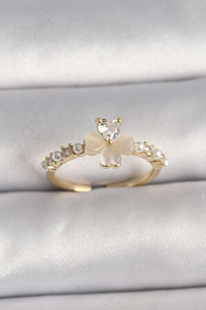 Dodes Dodes Pirinç Gümüş Renk Zirkon Taşlı Beyaz Mineli Yonca Model İnci Detay Ayarlanabilir Yüzük TG27BYK3551