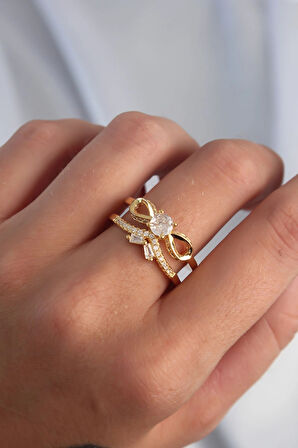 Dodes Dodes Pirinç Ayarlamalı Gold Renk Zirkon Taşlı 2li Görünüm Fiyonk Yüzük TG27BYK3287