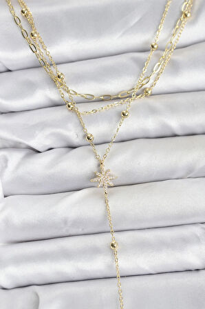 Dodes Dodes Pirinç Gold Renk Kutup Yıldızı Detaylı 3'lü Kombin Kadın Kolye TG27BKO10689