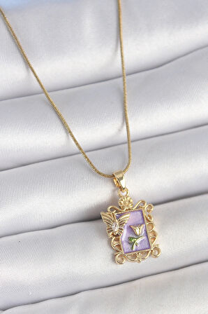 Dodes Dodes 316L Çelik Gold Renk Zincir Mor Mineli Çiçek İşlemeli Zirkon Taşlı Kelebek Detay Portre Model Kadın Kolye TG27BKO10190