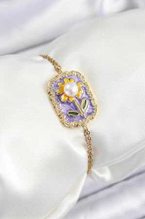 Dodes Dodes 316L Çelik Zincir Mor Mineli Sanatsal Portre İnci Detaylı Papatya Model Gold Renk Kadın Bileklik TG27BB7231