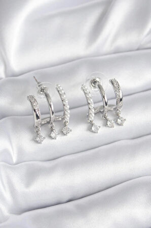 Dodes Dodes Pirinç Gümüş Renk Zirkon Taş Detay İncili Kadın Küpe TG27BKP9748