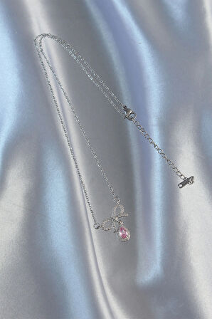 Dodes Dodes 316L Çelik Gümüş Renk Pembe Zirkon Taşlı Damla Kolye TG27BKO8919