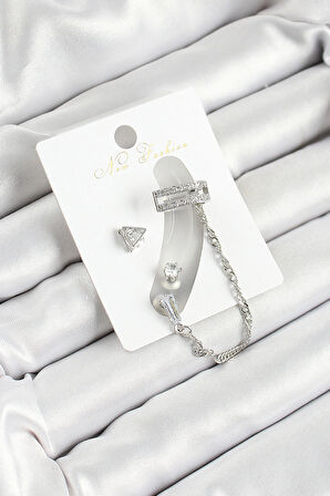 Dodes Dodes Pirinç Üçgen Figürlü Zirkon Taşlı Gümüş Renk 3'lü Kıkırdak Kadın Küpe Set TG27BKP10658