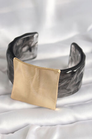 Dodes Dodes Siyah Mermer Desen Akrilik Plastik Gold Kare Plaka Model Vintage Kadın Bilezik TG27BB6681